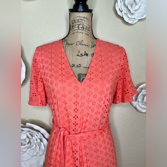 NTM: Preston & York Short Sleeve Coral Eyelet Maxi Length Belted Dress Size 8 - Picture 3 of 16